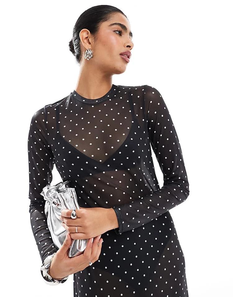 JJXX Mesh Polka Dot Long Sleeve Dress In Black For Women Black Aop Dot - Image 4