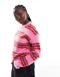 JJXX Crew Neck Jumper In Pink Red Stripe For Women Moonlight Mauve