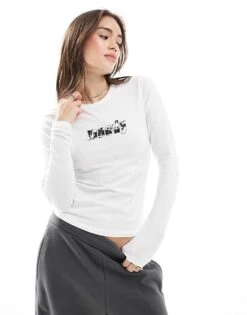 JJXX Gigi Long Sleeve T-shirt With Moody Cow Print In White For Women