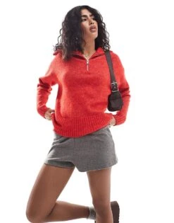 JJXX Half Zip Knitted Jumper In Red For Women Racing Red