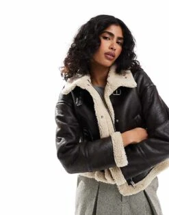 JJXX Teddy Lined Aviator Jacket In Brown For Women Java