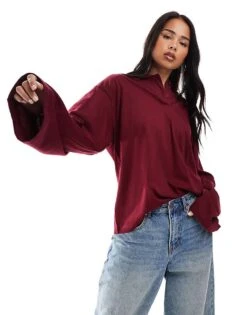 JJXX Long Sleeve Polo In Burgundy For Women Cabernet