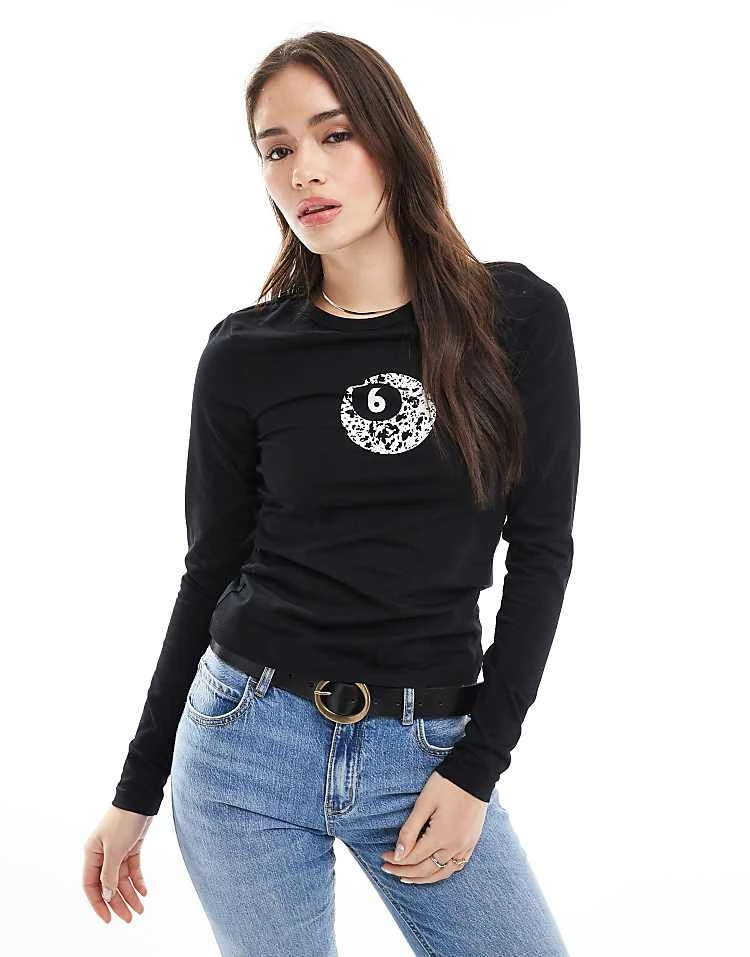 JJXX Gigi Long Sleeve T-shirt With Snooker Cow Print In Black For Women