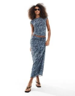 JJXX Mesh Long Skirt In Blue Zebra Print For Women Skyway