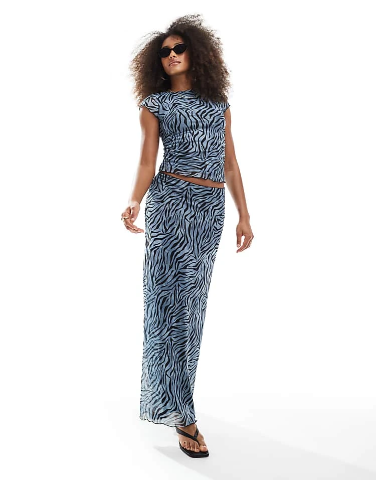 JJXX Mesh Cap Sleeve Top In Blue Zebra Print For Women Skyway - Image 3