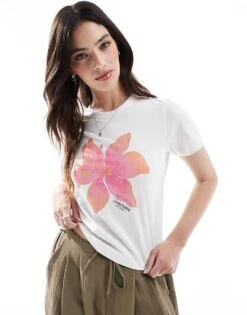 JJXX Baby T-shirt With Pink Orange Flower Print In White For Women Pink Flower