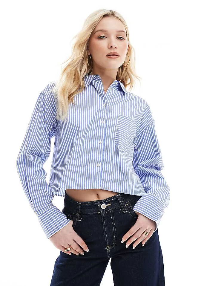 JJXX Oversized Cropped Shirt In Navy Stripe For Women Navy Blazer - Image 5