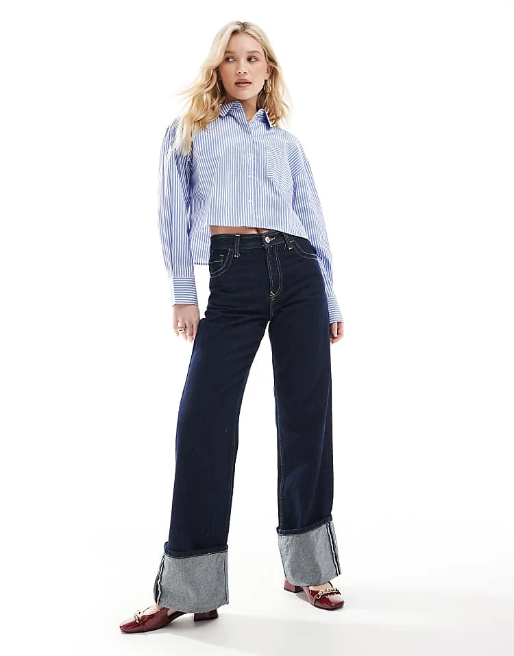 JJXX Oversized Cropped Shirt In Navy Stripe For Women Navy Blazer - Image 4