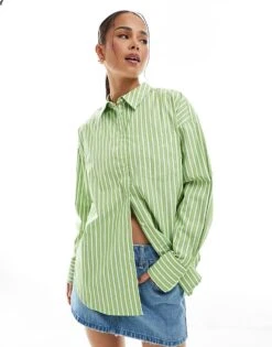 JJXX Oversized Stripe Shirt In Light Green For Women Parrot Green