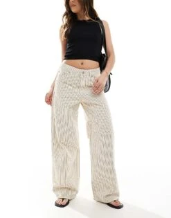 JJXX Tokyo Wide Fit Jeans In Cream And Black Stripe For Women Blanc De Blanc